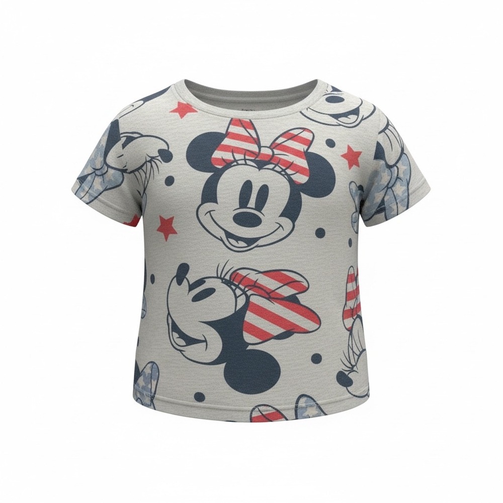 Disney Minnie Mouse Girls Grey Americana Stars Stripes Short Sleeve T-Shirt